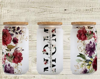 Mom with flowers 16 oz Glass Tumbler Cup, Mom cup, Coffee cup, Gift for her, Birthday present