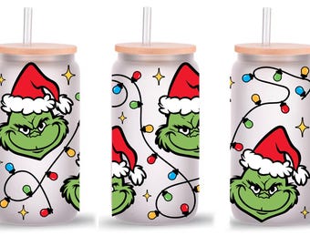 Christmas Grinch 16 oz Frosted Glass Tumbler Cup, Grinch lover, Coffee cup, Gift for her, Birthday present, Christmas 16 oz Libbey Cup