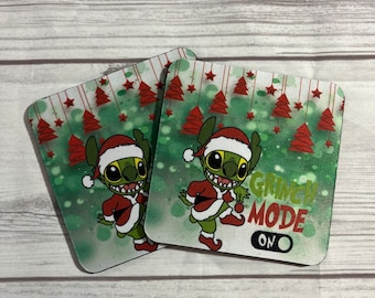 Christmas Grinch Mode Stitch Festive Coasters, Christmas Decoration, Christmas Gift
