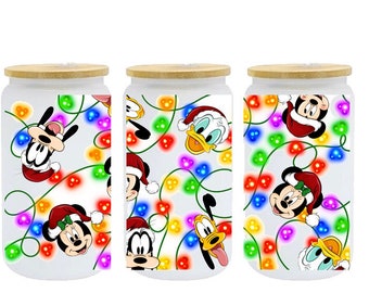 Mickey and Friends 16 oz Frosted Glass Tumbler Cup,  Cute Cup, Christmas cup, Gift, Disney Lover