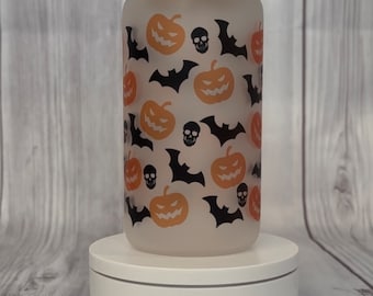 Halloween Ghosts Bats and Webs 16oz Glass Tumbler with straw, Halloween Cup, Ghosts, Holiday Cup