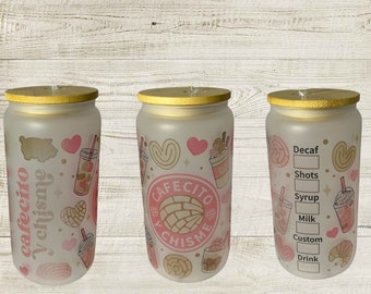 Cafecito y Chisme 16 oz Glass Tumbler Cup, Coffee lover, Coffee cup, Gift for her, Birthday present