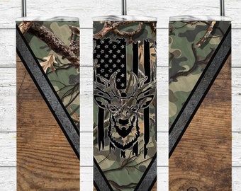 Hunting Deer Camo 20oz Tumbler Cup, Flag, Gift for Guy, with Straw