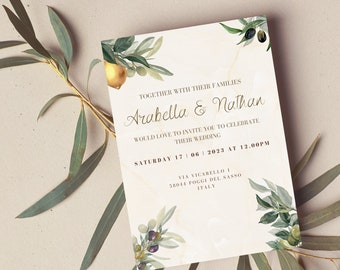 Lemon Olive Wedding Invitation Template in Canva, Editable and Printable Set | Mediterranean | Italian | Rustic Wedding Invitations