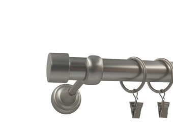 May include: Silver curtain rod with four silver rings and clips. The rod has a decorative finial on one end.