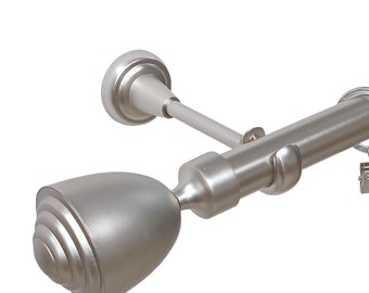 May include: Silver metal curtain rod with finial end caps and rings. The rod is designed for hanging curtains or drapes.