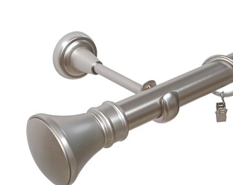 May include: Silver curtain rod with finials and rings. The rod is extendable and has a brushed nickel finish.