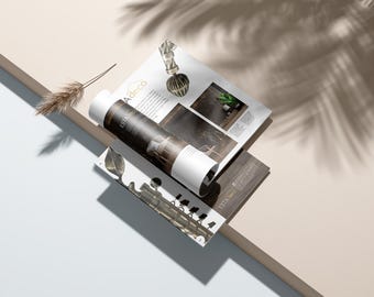 May include: A rolled-up brochure with the text "ESTA deco" printed on the cover, featuring images of interior design elements. A small, metallic, decorative object with a ribbed texture sits on top of the paper, alongside a dried grass stem.