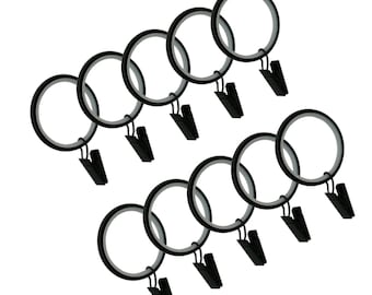 10er Set schwarz matt Gardinenringe mit Clips - Silent Rings für 25 mm Stange