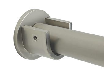 May include: A silver metal curtain rod bracket with a round base and a curved arm. The bracket is designed to hold a curtain rod in place.