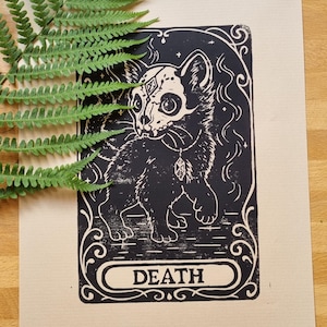 Linoldruck A4 -Tarot-Karte "death"- Katze Skull Mystisch