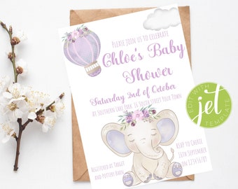May include: Purple and white baby shower invitation with a cute elephant illustration and a hot air balloon. The invitation says "Please join us to celebrate Chloe's Baby Shower" and includes the date, time, and location of the event. RSVP information is also included.