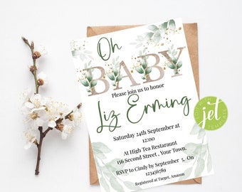 Green and gold eucalyptus baby shower invite editable online unisex  invitation