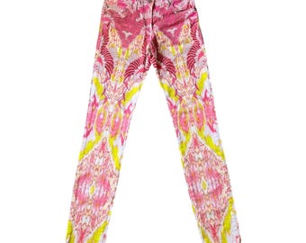 Jeans vintage rari Roberto Just Cavalli 2007 con stampa floreale a rose, taglia 165 / S / 26