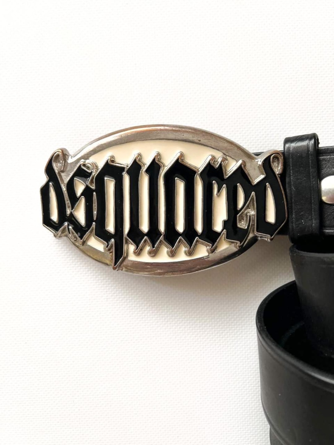 Vintage Dsquared2 Big Metal Buckle Gothic Spell Out Leather Belt