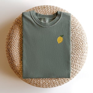 Embroidered Mini Lemon T-shirt, Cute Fruit Top, Lemon Lover Gift, Trendy Fruit Tee, Beach Vacation Shirts, Lemon Gift For Her