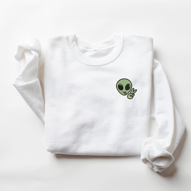 Embroidered Alien Peace Sign Sweatshirt: Cosmic Crewneck Pullover - Etsy