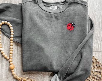 Embroidered Ladybug Sweatshirt: Comfort Colors Garment-Dyed Sweater