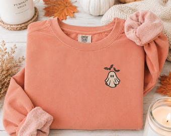 Bluza z haftowanym motywem ducha i nietoperzy, minimalistyczny, upiorny sweter z okrągłym dekoltem na Halloween