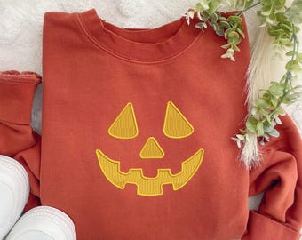Embroidered Large Halloween Pumpkin Face Crewneck Sweatshirt