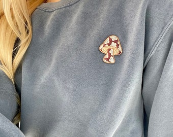 Embroidered Flower Mushroom Garment Dyed Crew Sweatshirt