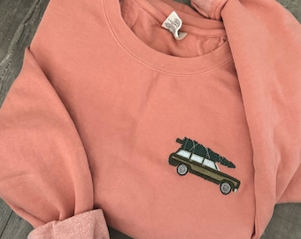 Christmas Tree Wagon Embroidered Crewneck Sweatshirt