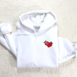 Womens embroidered strawberry hoodie, stitched strawberry fruit sweater, fruit theme apparel, oversized fruit shirt image 2