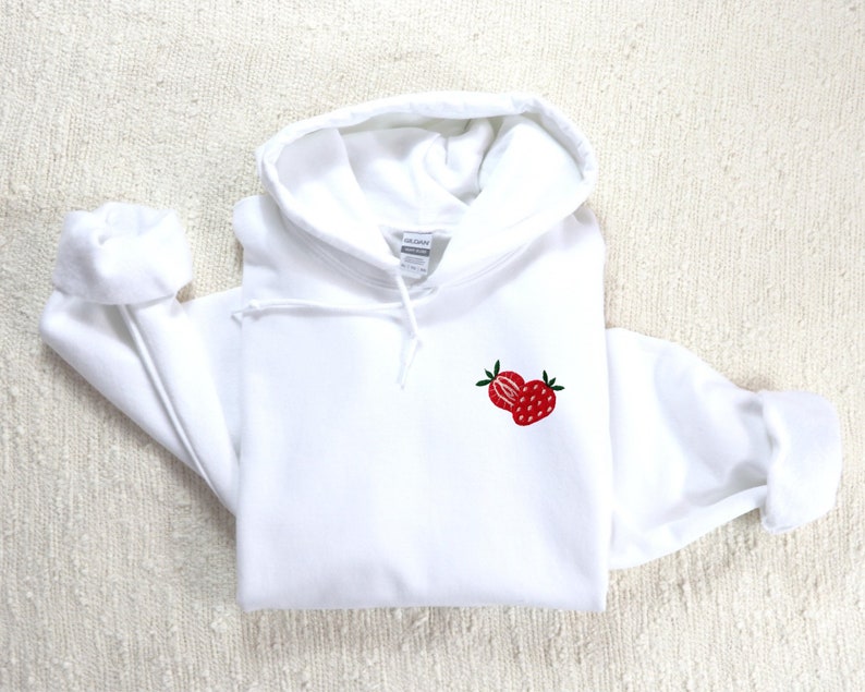 Womens embroidered strawberry hoodie, stitched strawberry fruit sweater, fruit theme apparel, oversized fruit shirt image 2