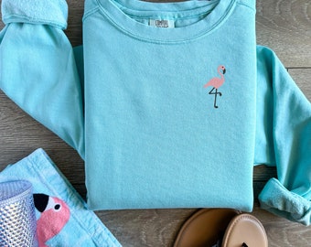 Embroidered Pink Flamingo Garment Dyed Crew Sweatshirt