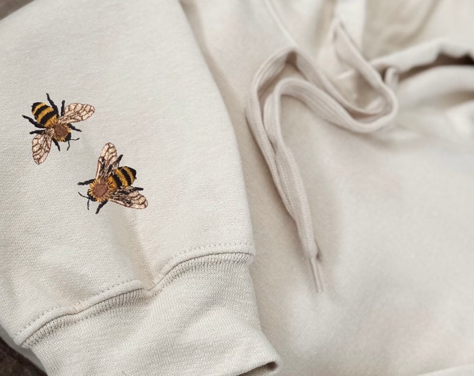 Embroidered Bee Hoodie: Minimalist Honey Bee Sleeve Sweatshirt