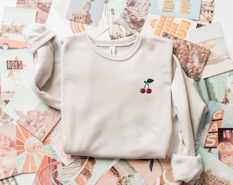 Embroidered Cherry Crewneck Sponge Fleece Sweatshirt, Women’s Mini Stitched Fruit Sweater, Cherry Lover