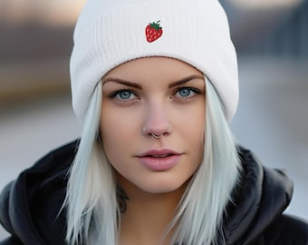 Embroidered Strawberry Beanie, Mini Fruit Skull Hat, Strawberry Lover Gifts, Trendy Fruit Beanie, Cute Gift for Her, Minimalist Beanie