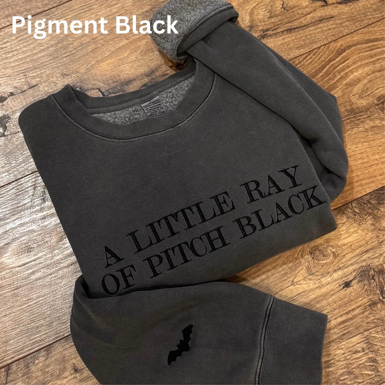 May include: A dark gray sweatshirt with the text "A LITTLE RAY OF PITCH BLACK" in black. The sweatshirt has a small bat graphic on the sleeve. The words "Pigment Black" are at the top of the image.