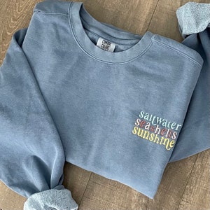 May include: A light blue sweatshirt with the words "saltwater seashells sunshine" embroidered on the front in pastel colors.