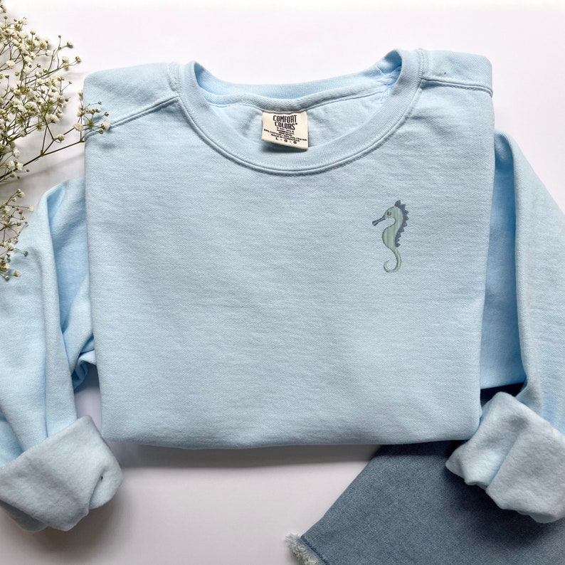 Embroidered Seahorse Sweatshirt, Sea Life Crewneck Sweatshirt, Trendy Summer Beach Apparel, Nautical Sweater, Retro Summertime, Marine Life Chambray