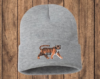 Embroidered Tiger Beanie, Jungle Cat Skull Hat, Trendy Gift for Cat Lover, Nature Inspired Gifts, Wild Cat Skullie, Stitched Tiger Toque