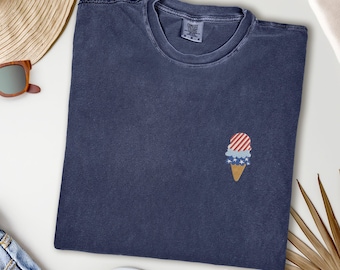Embroidered Garment Dyed 4th of July Ice Cream Cone Tee