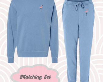 Embroidered Flamingo Set, Matching Flamingo Crewneck Sweatshirt and Joggers Set, Tropical Vibes, Best Friend Gift, Beach Vibes