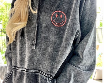 Embroidered Happy Face Hoodie, Smiley Face Sweatshirt, Mineral Wash Hoodie, Happy Face Sweater, Customized Hoodie