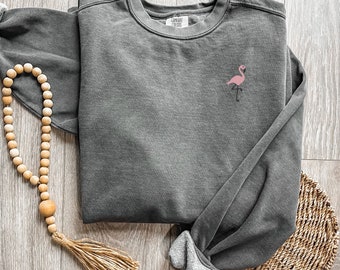 Embroidered Pink Flamingo Garment Dyed Crew Sweatshirt