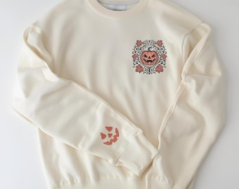 Embroidered Spooky Scrollwork Pumpkin Motif Sweatshirt