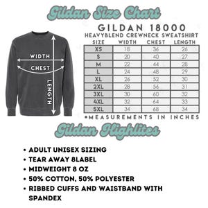 May include: A dark gray Gildan 18000 Heavyblend crewneck sweatshirt with a size chart and product highlights. The chart shows measurements in inches for sizes XS to 5XL. Features include adult unisex sizing and ribbed cuffs.