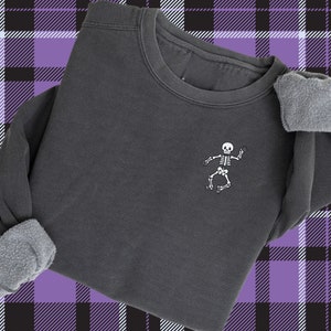 Embroidered Dancing Skeleton Sweatshirt: Pigment Dyed Halloween Pullover