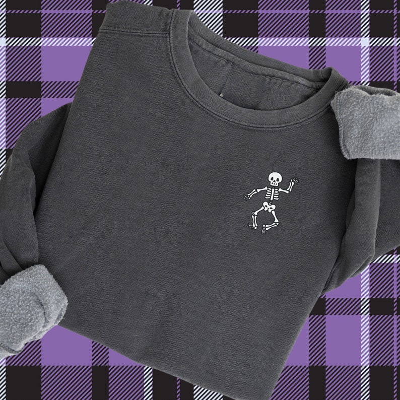 Embroidered Dancing Skeleton Sweatshirt: Pigment Dyed Halloween Pullover Black