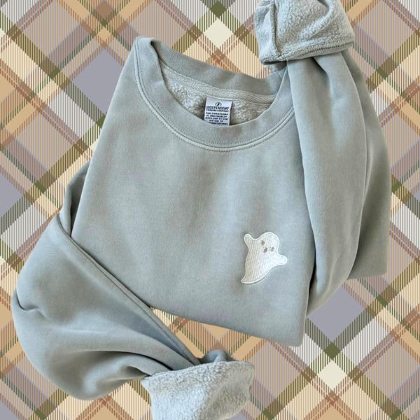 Sudadera de cuello redondo con fantasma bordado: jersey de Halloween a tono