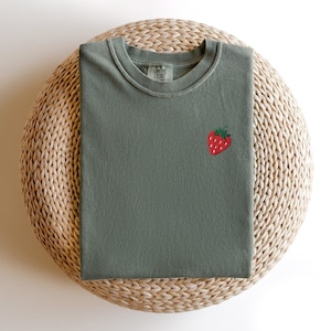 Embroidered Strawberry T-shirt, Cute Fruit Top, Strawberry Lover Gift, Trendy Fruit Tee, Beach Vacation Shirts, Strawberry Gift For Her