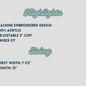 May include: Image with text highlighting product features. Text includes "MACHINE EMBROIDERED DESIGN", "100% ACRYLIC", "ADJUSTABLE 3" CUFF", and "UNISEX FIT". Sizing details: chest width 7 1/2 inches, length 12 inches.