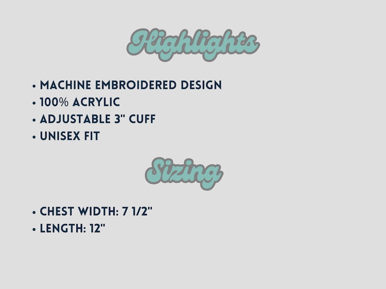 May include: Image with text highlighting product features. Text includes "MACHINE EMBROIDERED DESIGN", "100% ACRYLIC", "ADJUSTABLE 3" CUFF", and "UNISEX FIT". Sizing details: chest width 7 1/2 inches, length 12 inches.