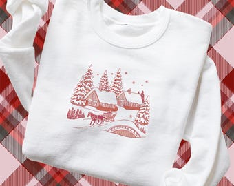 Embroidered Christmas Village Pigment Dyed Crewneck Sweatshirt