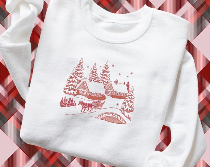 Featured listing image: Embroidered Christmas Village Pigment Dyed Crewneck Sweatshirt